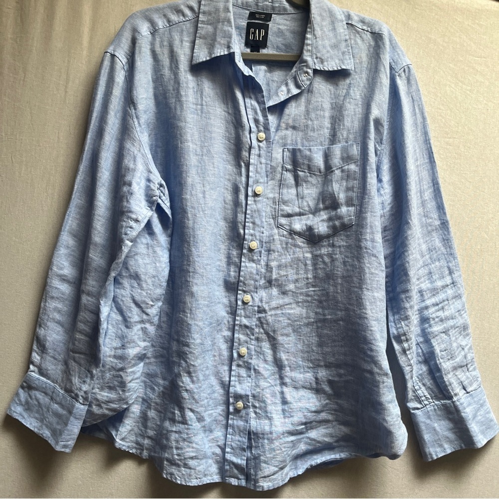 GAP Men's Light Blue 100% Linen Long Sleeve Button-Up Shirt S
